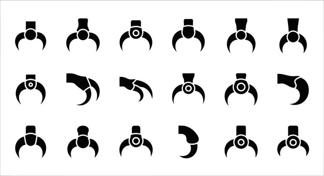 Industrial claw icons, mechanical grip symbols, robotic hand illustrations, 20 black silhouette graphics