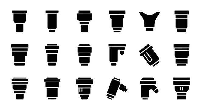 Black pipe fitting icons, plumbing symbols, 20 pipe connectors, vector plumbing elements