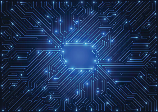 Abstract Futuristic Blue Glowing Circuit Board Technology Background with Digital Connectivity Lines. Vector illustration
