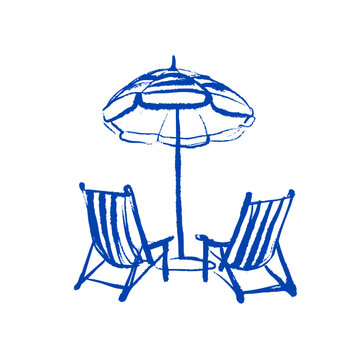 Mediterranean coastal vacation illustration of beach umbrella. Hand drawn sketch sun lounger sea poster. Dolce vita summer vibe. Vintage summer crayon vector illustration