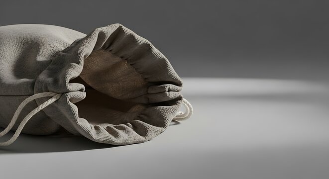 Gray drawstring bag on white background.