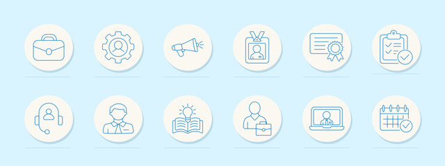 Fototapeta premium Business management set icon. Minimal line badges, briefcase, gear profile, megaphone, id card, certificate, checklist clipboard, headset agent, idea book, laptop meeting, calendar tick.