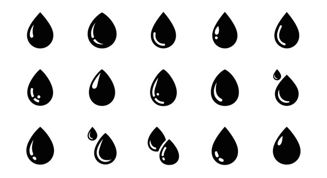 Black water droplets, shiny teardrop shapes, vector icons, liquid splash symbols, 15 piece set
