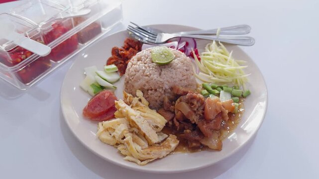 Thai Khao Kluk Kapi Shrimp Paste Fried Rice Plate with Toppings, Slow Zoom Out