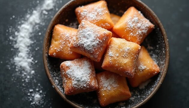Square fried dough pastries covered with powdered sugar. Golden beignets are served on dark slate in a rustic bowl. A sweet pastry treat is ready for eating.