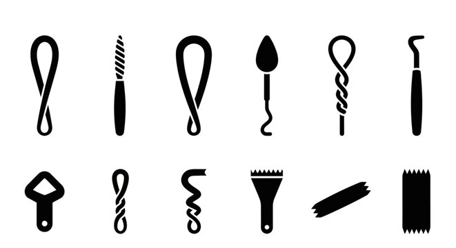 Black corkscrew icons, wine bottle openers, bar tools, vector illustrations, 12 pcs