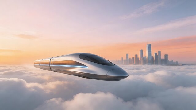Futuristic train above clouds