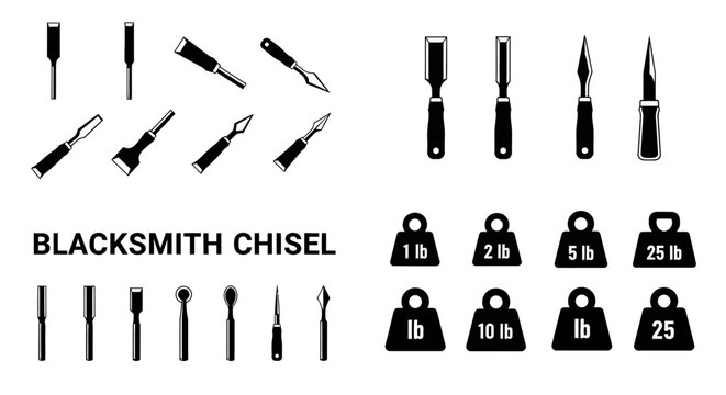Blacksmith chisel, metalworking tools, 25 weights, vector icons
