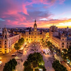 Obraz premium Aerial cityscape with historic architecture at sunset