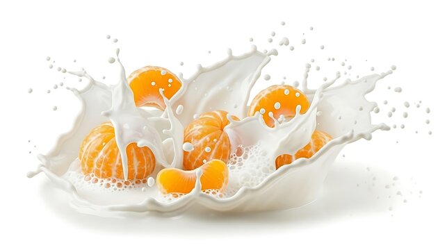 Jeruk mandarin kupas segar terlempar ke dalam gelombang cipratan susu melambangkan perpaduan harmoni nutrisi energi dan keceriaan suasana tropis