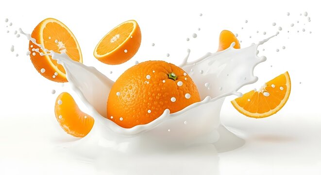 Buah jeruk utuh dan irisannya jatuh memercikkan susu putih kental melambangkan kekuatan vitamin kesegaran alami dan gaya hidup aktif