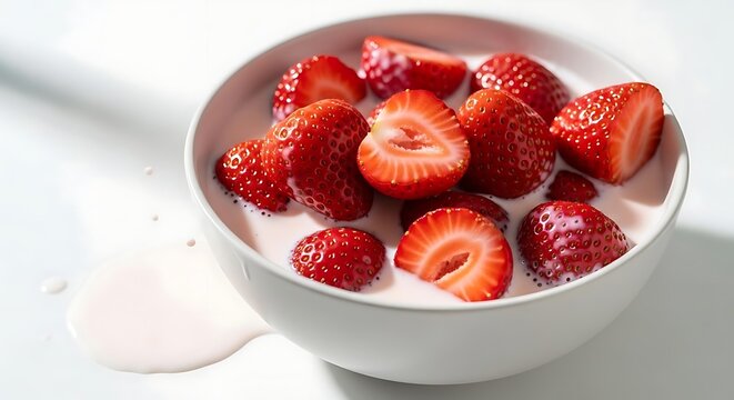 Tumpukan buah stroberi merah lezat berendam dalam mangkuk susu putih melambangkan ketenangan pagi nutrisi seimbang dan kenikmatan sarapan sehat