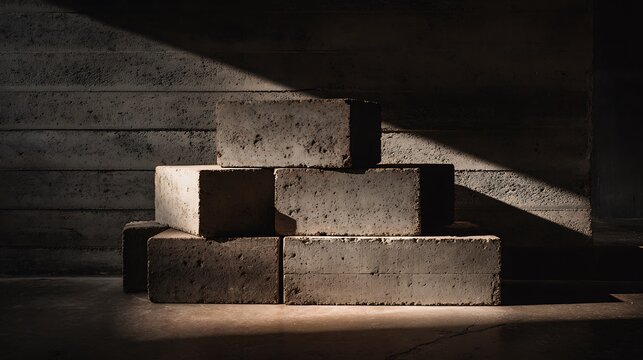 Stack of grey concrete bricks on dark wooden background.