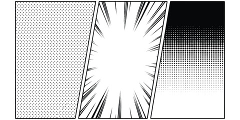 Fototapeta premium Comic book manga panel layout with halftone dots and action speed lines