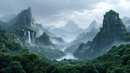 Naklejka premium Misty mountain landscape with a waterfall cascading into a serene jungle valley