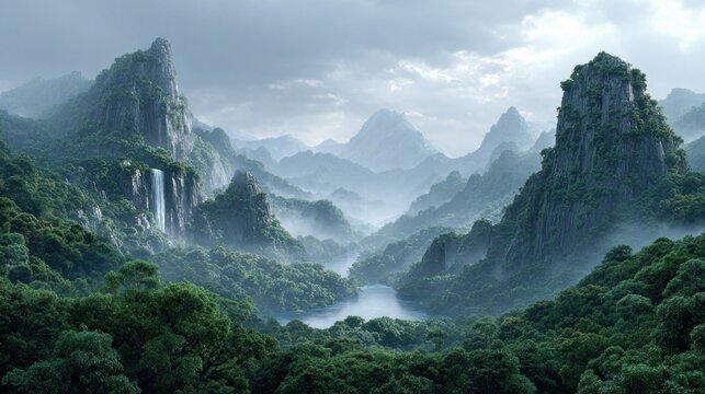 Misty mountain landscape with a waterfall cascading into a serene jungle valley