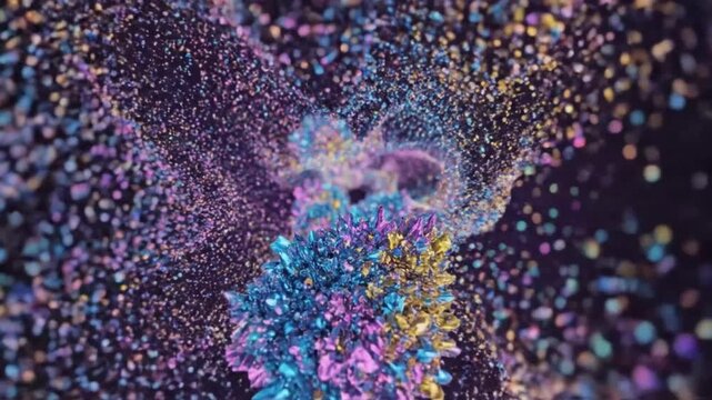 Abstract crystal formation with colorful particles floating on a dark purple background for creative visual content