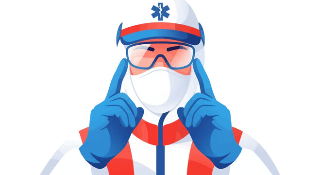 Close-up of a healthcare worker adjusting protective eyewear, wearing a full hazmat suit with red and blue accents, against a clean white background, conveying a sense of preparedness
