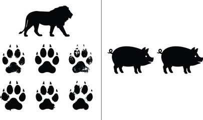 Animal silhouette and paw print set featuring lion and pig icons with grunge footprints, wildlife and farm animal vector collection © MDSHAHIDUL