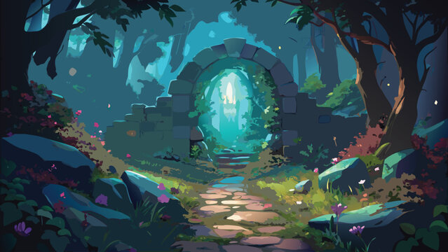 Glowing magical portal in a mysterious dark forest with stone archway and light