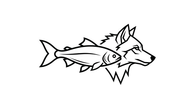 Black and white illustration of a wolf and fish symbolic design concept
