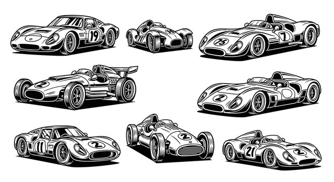 Collection of Vintage Racing Cars Illustrated in Black and White.