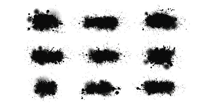 Set of black ink splash shapes with halftone dot texture for grunge graphic design elements
