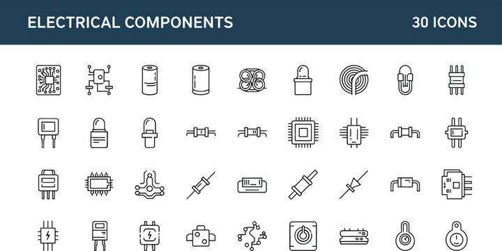 Electrical components electronics circuit line icons vector set microchip resistor capacitor plug outline symbols collection