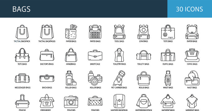 Bags backpacks luggage line icons vector set handbag travel suitcase fashion accessories outline symbols collection