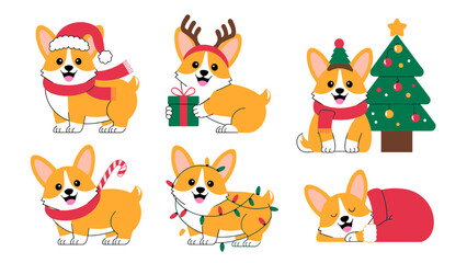 Obraz premium Cute Corgi Christmas Illustration Set – Festive Dog Characters with Holiday Accessories Vector Collection