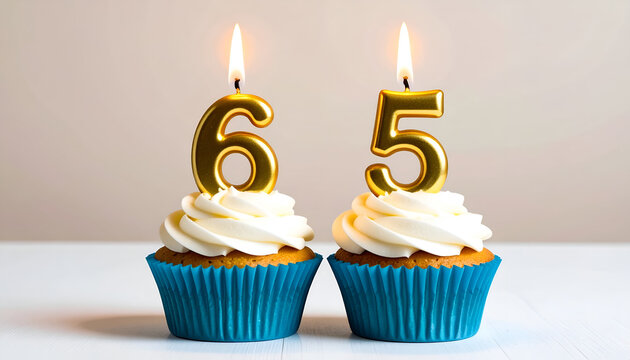 Two Golden Birthday Cupcakes with Lit Candles Celebrating Age 65.