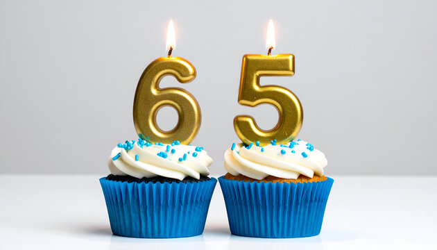 Two Blue Cupcakes with Golden 65 Candles for a Birthday Celebration.