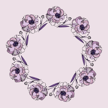 Vector abstract floral circular decorative frame with violet and lilac flowers, pefect for wedding invitation.
