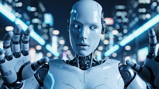 A futuristic robot with glowing blue lines in the background