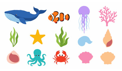 Sea creatures vector set colorful whale fish jellyfish coral flat ocean animals collection © Sahabib
