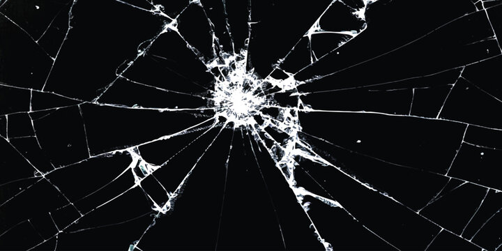 Broken glass texture with sharp cracks and spider web pattern on black background
