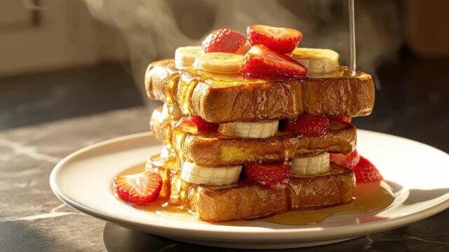 Delicious stack of french toast with strawberries and bananas on a white plate