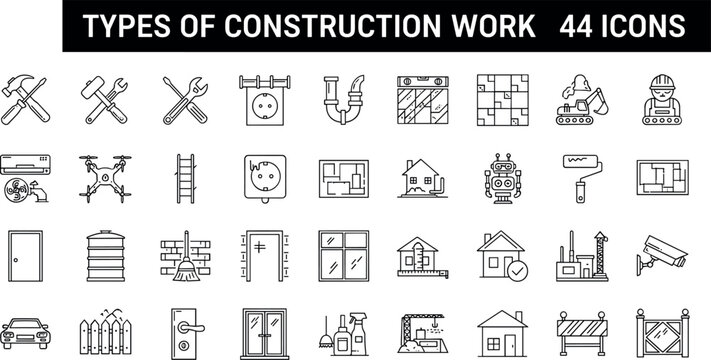 Construction work line icons vector set building tools equipment architecture repair outline symbols collection
