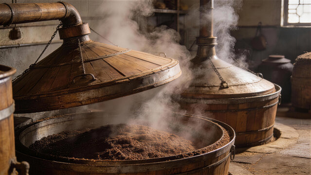 Steaming Distillation Process: Rustic distillery equipment exudes the essence of traditional craftsmanship with its antique copper stills, steam rising, a testament to time-honored techniques.