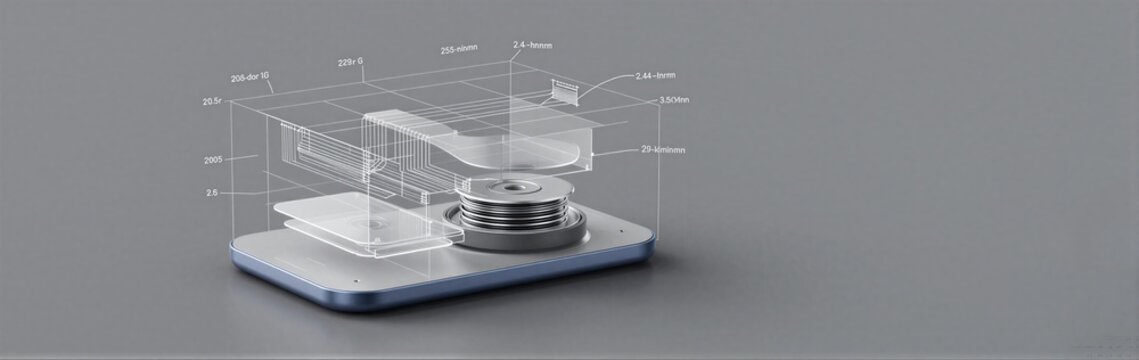 Smartphone camera module exploded view on gray surface