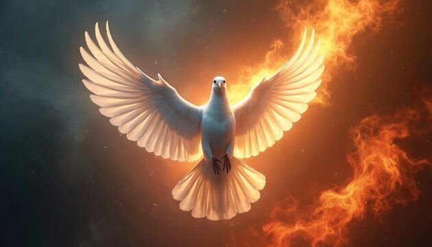 White dove with spread wings descends in fiery flames. Divine spirit descends with holy fire tongues. Holy spirit empowerment for believers. Pentecostal celebration.