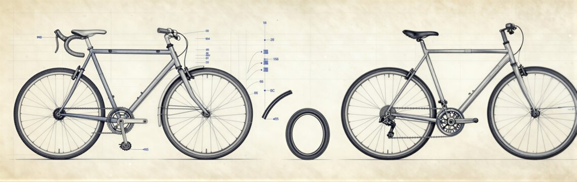 Two bicycle technical drawings showing components and wheels