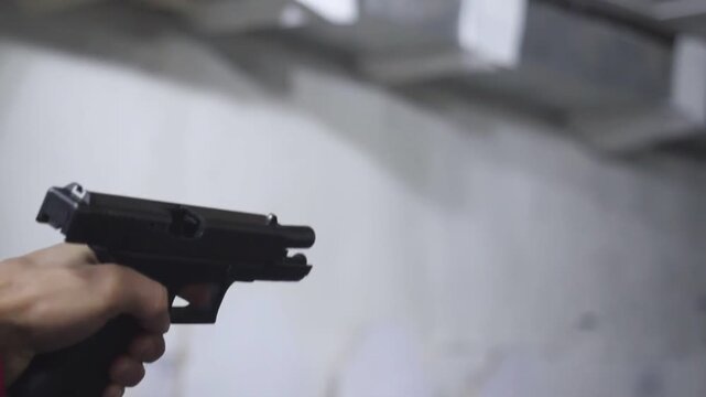 Man Practicing Pistol Shooting at Indoor Academy Range Close Up