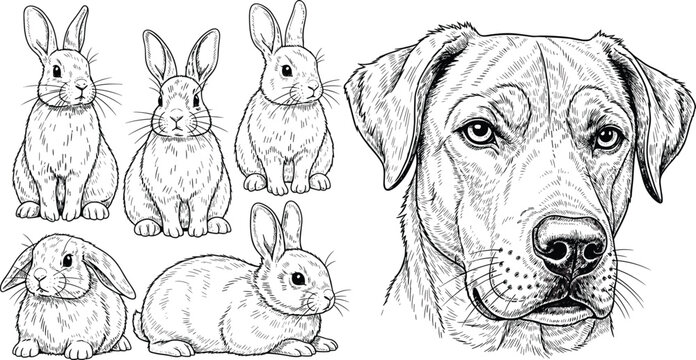 Rabbit and dog illustration set with detailed line art animal portraits, cute bunny poses and realistic canine face vector collection