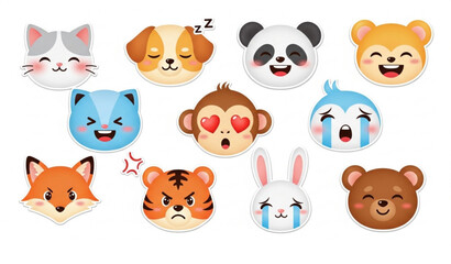 Fototapeta premium Kawaii animal face sticker set with cute emoticon expressions vector illustration for chat emojis isolated on white