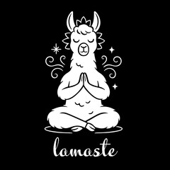 Fototapeta premium Meditierendes Lama mit Namaste Schriftzug als Yoga Vektor Illustration auf Schwarz