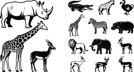 Wildlife animal illustration set featuring rhino giraffe lion elephant zebra and safari species detailed vector collection © MdSumon
