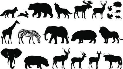 Wild animal silhouettes collection featuring bear wolf deer elephant giraffe lion and safari species vector set © MdSumon