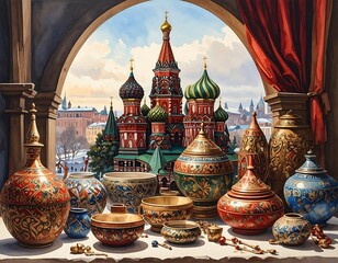 Obraz premium Colorful ornate ceramics on a windowsill overlooking a Russian cityscape