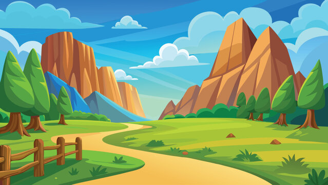 Beautiful landscape illustration with mountains green hills and a winding path under blue sky